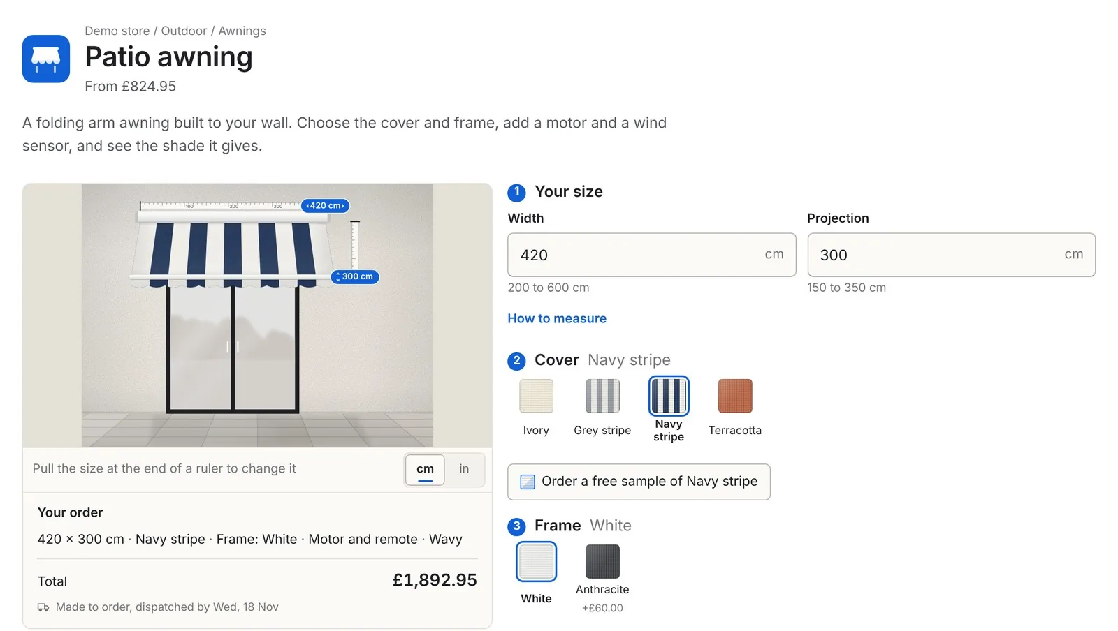 Inchy awning builder on a Shopify product page